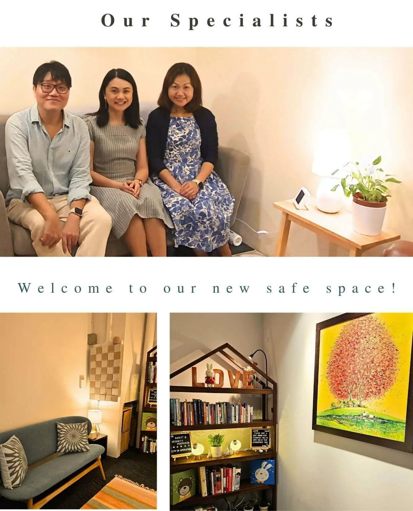 Awaken Counselling Centre safe space photo with Therapists Michael, Fion and Valerie