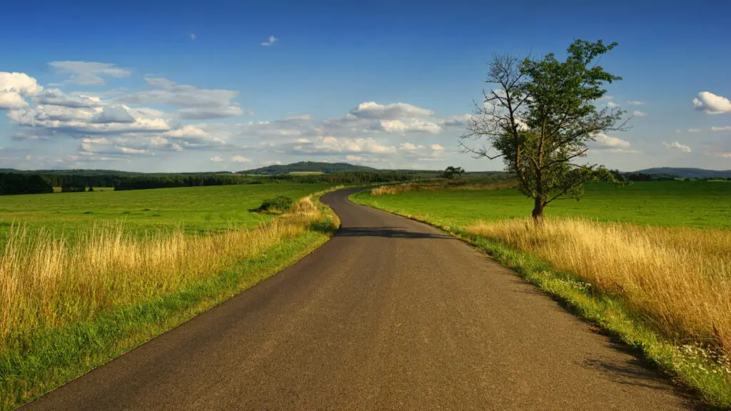 A paved country road curves through green fields under a blue sky with scattered clouds; a lone tree stands beside the road on the right.